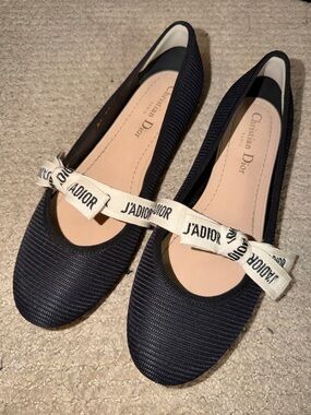 Dior Black Woven Ballet Flats with J'Adior Cream Ribbon
